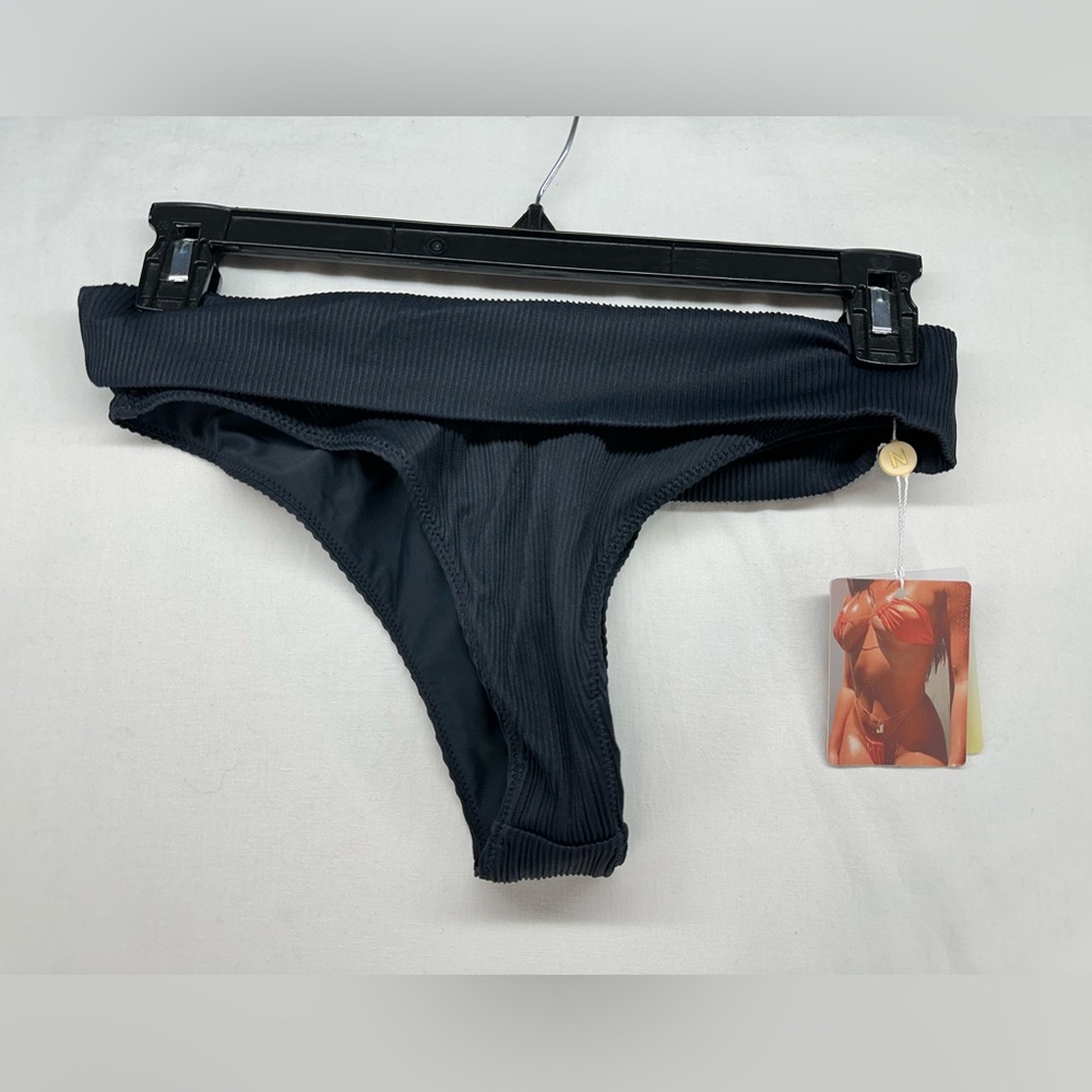 Neena Bikini‎ Bottoms Black Ribbed Fold Over Waist Band Cheeky Size M